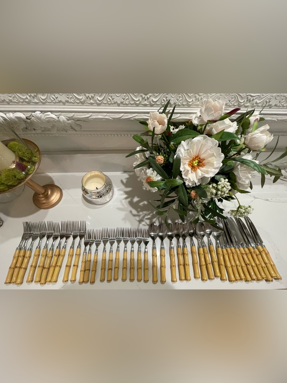 40 vintage faux bamboo handle stainless steel flatware set,